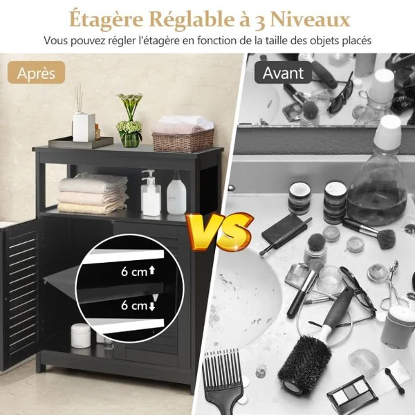 Meuble de Rangement pour Salle de Bain Meuble sur Pieds en Bois avec Placard 2 Portes pour Salle de Bain Salon Chambre Gris/Blanc/Noir