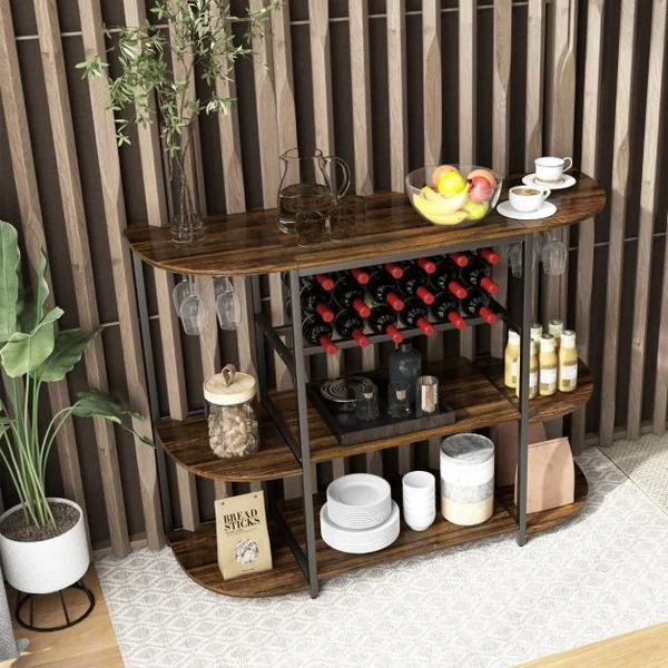 Meuble de Rangement à 3 Niveaux avec Casier de Vin Porte-verre 120x40x91CM Étagères de Vin Industrielle pour 18 Bouteilles Marron