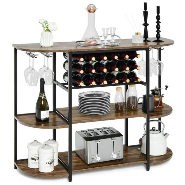 Meuble de Rangement à 3 Niveaux avec Casier de Vin Porte-verre 120x40x91CM Étagères de Vin Industrielle pour 18 Bouteilles Marron