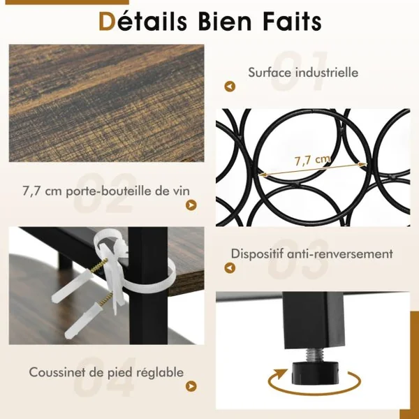 Meuble de Rangement à 3 Niveaux avec Casier de Vin Porte-verre 120x40x91CM Étagères de Vin Industrielle pour 18 Bouteilles Marron