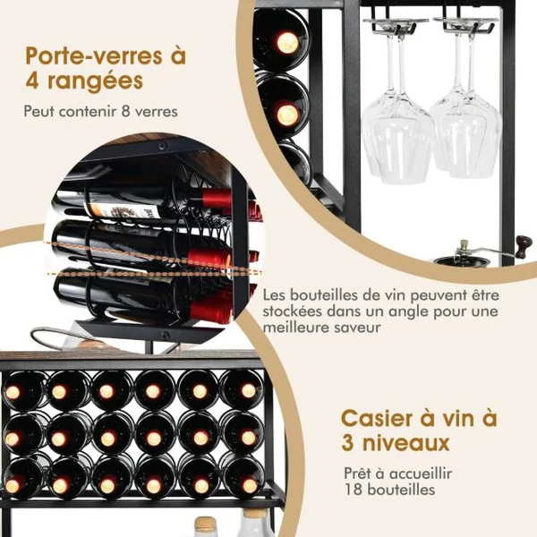 Meuble de Rangement à 3 Niveaux avec Casier de Vin Porte-verre 120x40x91CM Étagères de Vin Industrielle pour 18 Bouteilles Marron