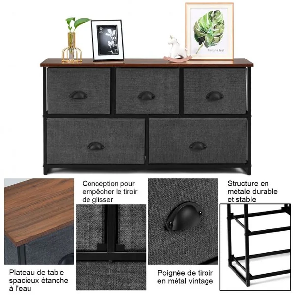 Meuble de Rangement à 5 Tiroirs Tissu Commode de Chambre 100 x 30 x 53,5 cm