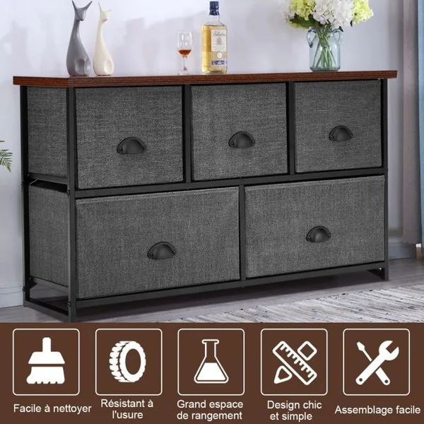 Meuble de Rangement à 5 Tiroirs Tissu Commode de Chambre 100 x 30 x 53,5 cm