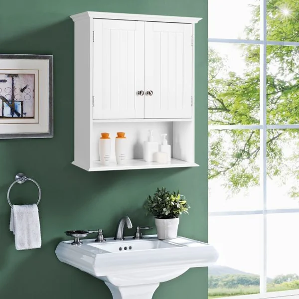 Meuble de Salle de Bain Armoire Murale avec 2 Portes Étagères Réglables Armoire à Pharmacie de Rangement 60x19x71cm Blanc/Gris