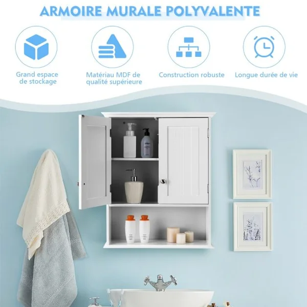 Meuble de Salle de Bain Armoire Murale avec 2 Portes Étagères Réglables Armoire à Pharmacie de Rangement 60x19x71cm Blanc/Gris