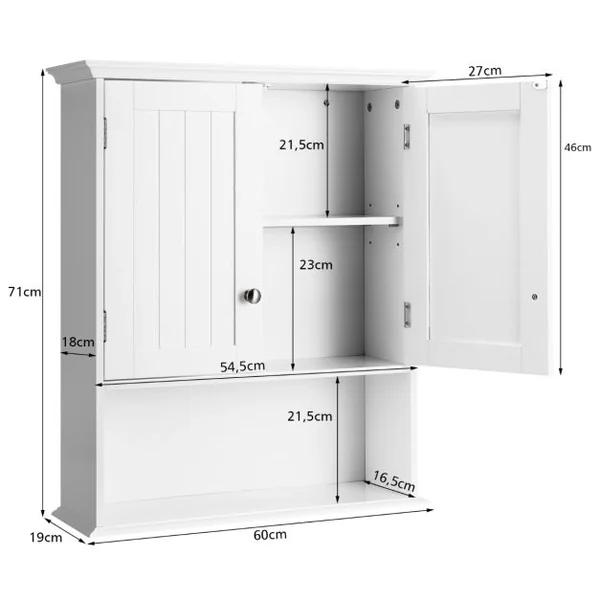 Meuble de Salle de Bain Armoire Murale avec 2 Portes Étagères Réglables Armoire à Pharmacie de Rangement 60x19x71cm Blanc/Gris