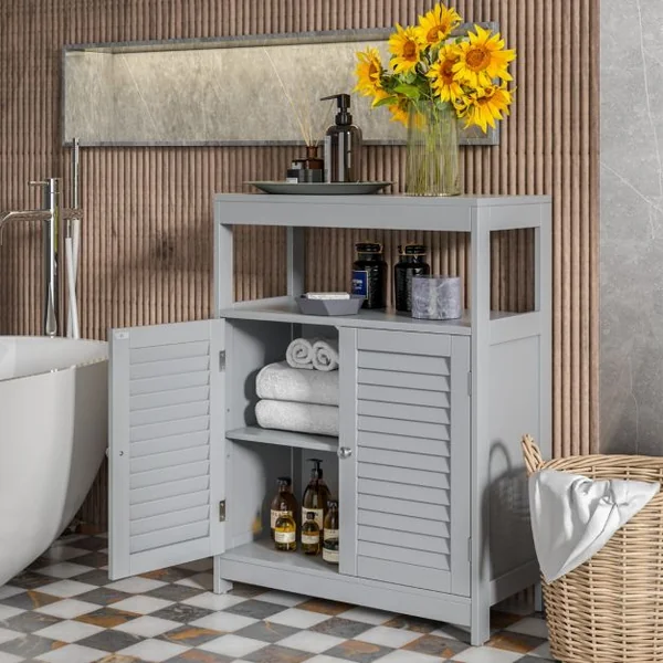 Meuble de Salle de Bain avec 2 Portes à Lamelles et Etagères Réglables sur Hauteur Armoire Blanc 60 x 30 x 80,5 CM en Bois Gris