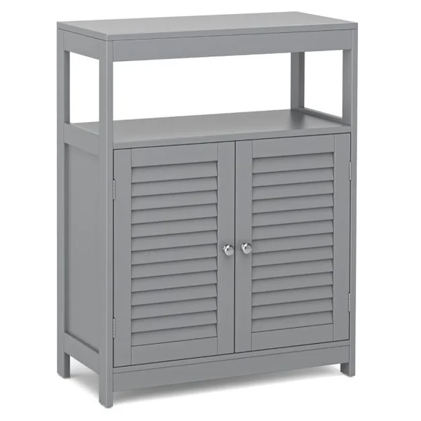 Meuble de Salle de Bain avec 2 Portes à Lamelles et Etagères Réglables sur Hauteur Armoire Blanc 60 x 30 x 80,5 CM en Bois Gris