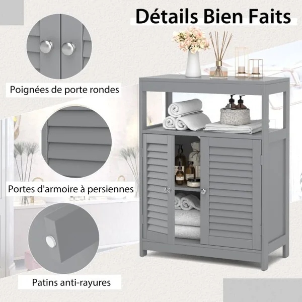 Meuble de Salle de Bain avec 2 Portes à Lamelles et Etagères Réglables sur Hauteur Armoire Blanc 60 x 30 x 80,5 CM en Bois Gris