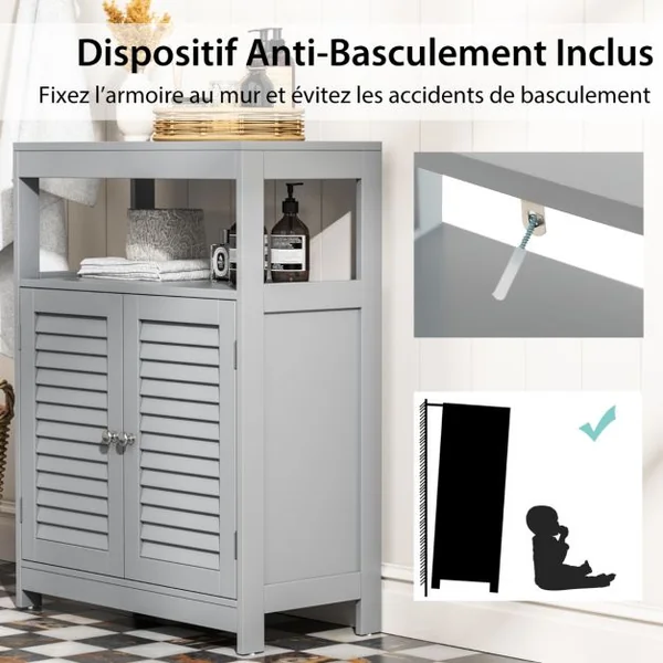 Meuble de Salle de Bain avec 2 Portes à Lamelles et Etagères Réglables sur Hauteur Armoire Blanc 60 x 30 x 80,5 CM en Bois Gris