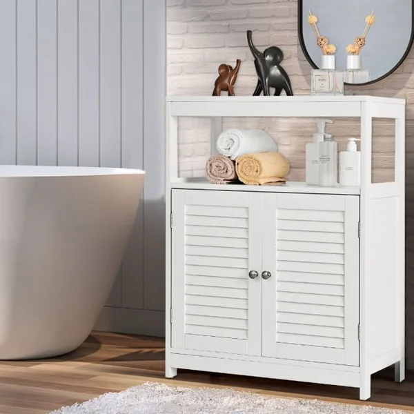 Meuble de Salle de Bain avec 2 Portes à Lamelles et Etagères Réglables sur Hauteur Armoire Blanc 60 x 30 x 80,5 CM en Bois