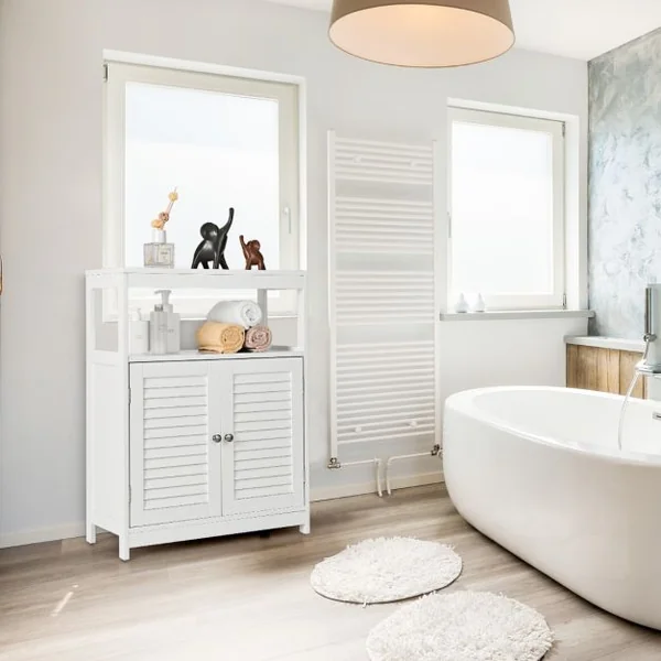 Meuble de Salle de Bain avec 2 Portes à Lamelles et Etagères Réglables sur Hauteur Armoire Blanc 60 x 30 x 80,5 CM en Bois
