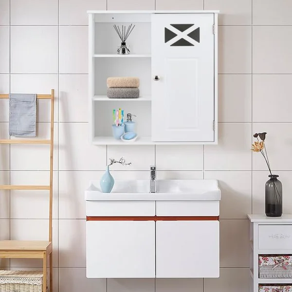 Meuble de Salle de Bain Mural Armoire Murale avec 1 Porte et 5 Étagères en MDF, 48,5x17,5x61cm, Blanc