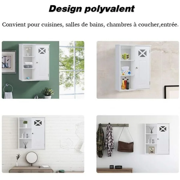 Meuble de Salle de Bain Mural Armoire Murale avec 1 Porte et 5 Étagères en MDF, 48,5x17,5x61cm, Blanc