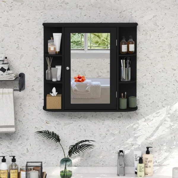 Meuble de Salle de Bain Mural avec 1 Porte avec Miroir et 4 Etagères 6 étagères extérieures en MDF 66x16,5x60cm Blanc/Gris/Marron/Noir/Naturel