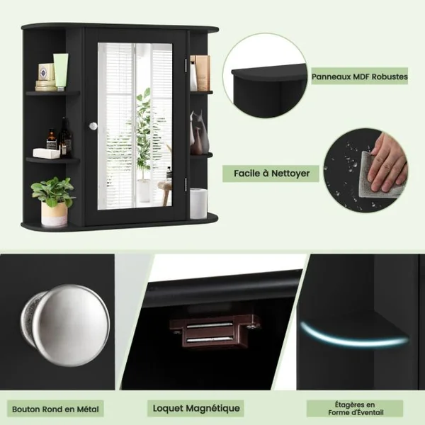 Meuble de Salle de Bain Mural avec 1 Porte avec Miroir et 4 Etagères 6 étagères extérieures en MDF 66x16,5x60cm Blanc/Gris/Marron/Noir/Naturel