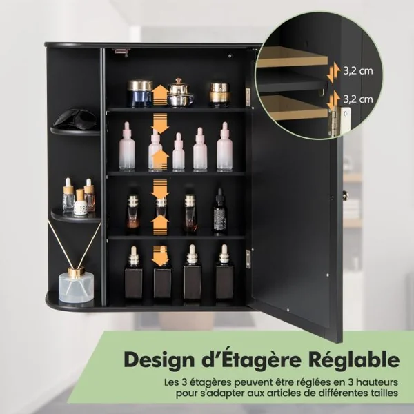 Meuble de Salle de Bain Mural avec 1 Porte avec Miroir et 4 Etagères 6 étagères extérieures en MDF 66x16,5x60cm Blanc/Gris/Marron/Noir/Naturel