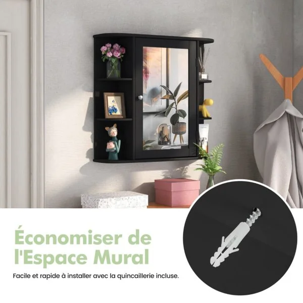 Meuble de Salle de Bain Mural avec 1 Porte avec Miroir et 4 Etagères 6 étagères extérieures en MDF 66x16,5x60cm Blanc/Gris/Marron/Noir/Naturel