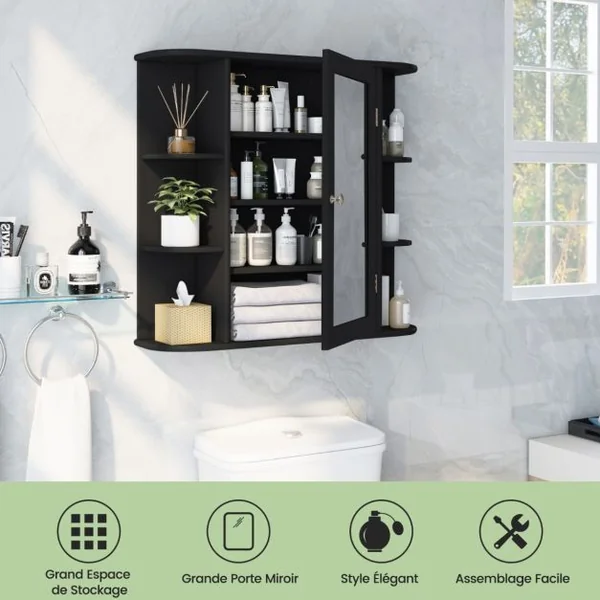Meuble de Salle de Bain Mural avec 1 Porte avec Miroir et 4 Etagères 6 étagères extérieures en MDF 66x16,5x60cm Blanc/Gris/Marron/Noir/Naturel