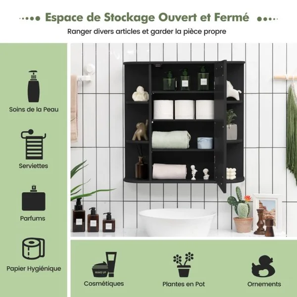 Meuble de Salle de Bain Mural avec 1 Porte avec Miroir et 4 Etagères 6 étagères extérieures en MDF 66x16,5x60cm Blanc/Gris/Marron/Noir/Naturel