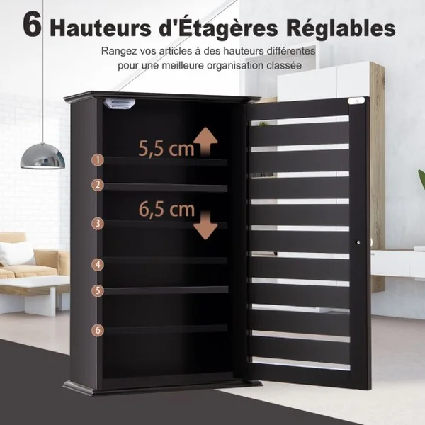 Meuble de Salle de Bain Mural avec 2 Étagères Réglables 35,5 x 15 x 56 cm Armoire Murale de Toilette avec Porte Café