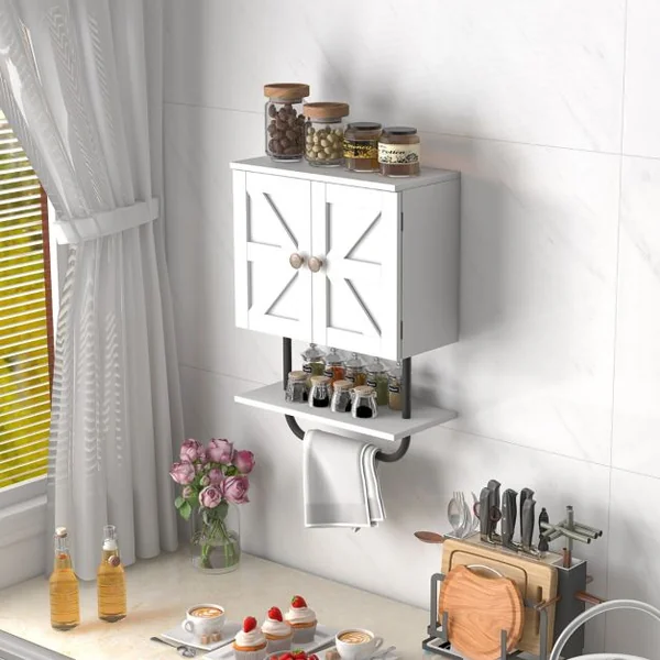 Meuble de Salle de Bain Mural à 2 Portes avec Étagère et Porte-serviettes Armoire à Pharmacie Gain de Place Montage Facile 43 x 20 x 53 cm Blanc