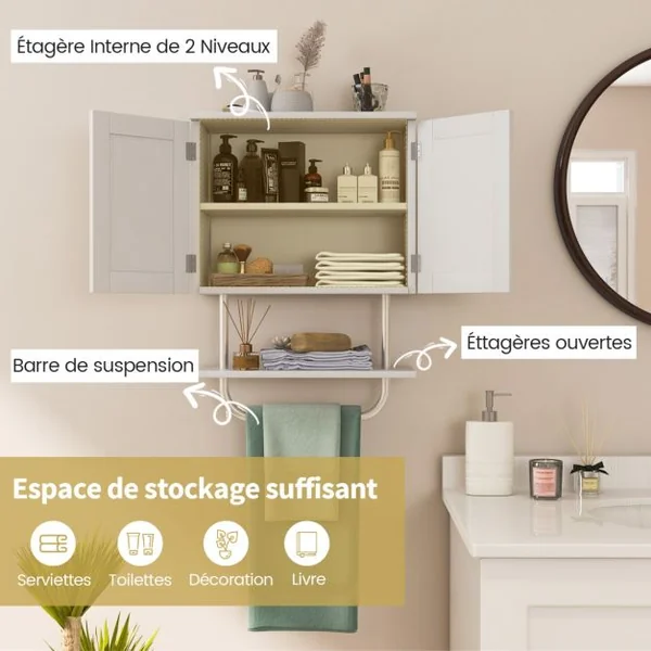 Meuble de Salle de Bain Mural à 2 Portes avec Étagère et Porte-serviettes Armoire à Pharmacie Gain de Place Montage Facile 43 x 20 x 53 cm Blanc