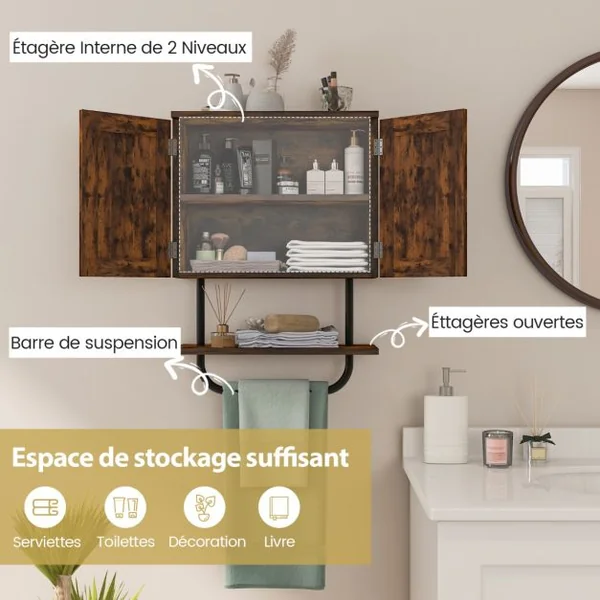 Meuble de Salle de Bain Mural à 2 Portes avec Étagère et Porte-serviettes Armoire à Pharmacie Gain de Place Montage Facile 43 x 20 x 53 cm Café