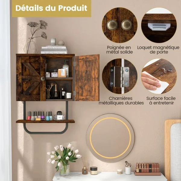 Meuble de Salle de Bain Mural à 2 Portes avec Étagère et Porte-serviettes Armoire à Pharmacie Gain de Place Montage Facile 43 x 20 x 53 cm Café