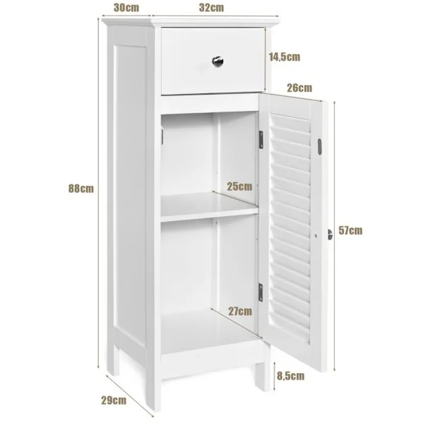 Meuble de Salle de Bain Rangement à Porte avec Tiroir, Armoire Salle de Bain Gain de Place avce Étagère Réglabe avec Dispositif Anti-basculement 32x30x88cm