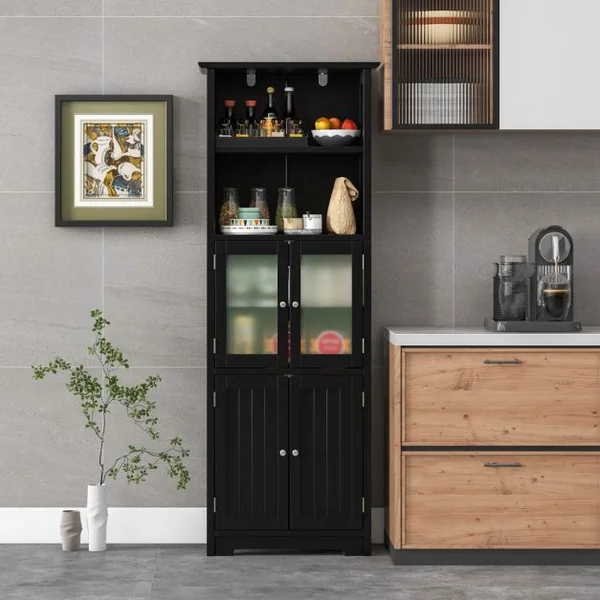 Meuble de Salle de Bain à 4 Portes 2 Compartiments Ouverts Colonne Salle de Bain Armoire Haute avec Étagères Réglables 60x30x163cm Blanc/Gris/Noir