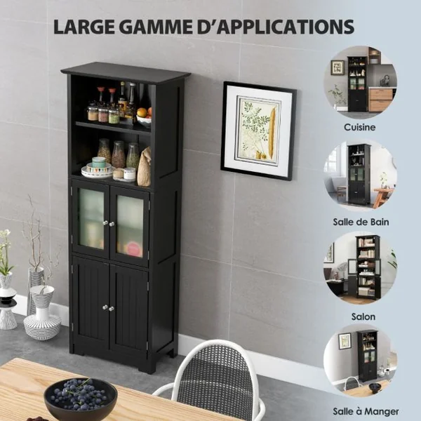 Meuble de Salle de Bain à 4 Portes 2 Compartiments Ouverts Colonne Salle de Bain Armoire Haute avec Étagères Réglables 60x30x163cm Blanc/Gris/Noir