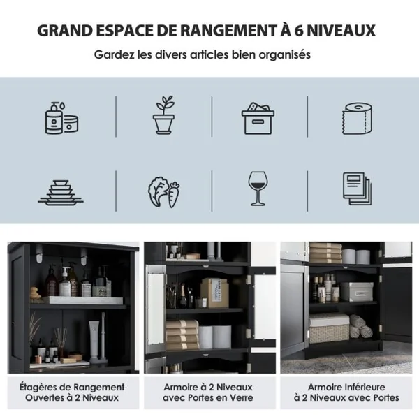 Meuble de Salle de Bain à 4 Portes 2 Compartiments Ouverts Colonne Salle de Bain Armoire Haute avec Étagères Réglables 60x30x163cm Blanc/Gris/Noir