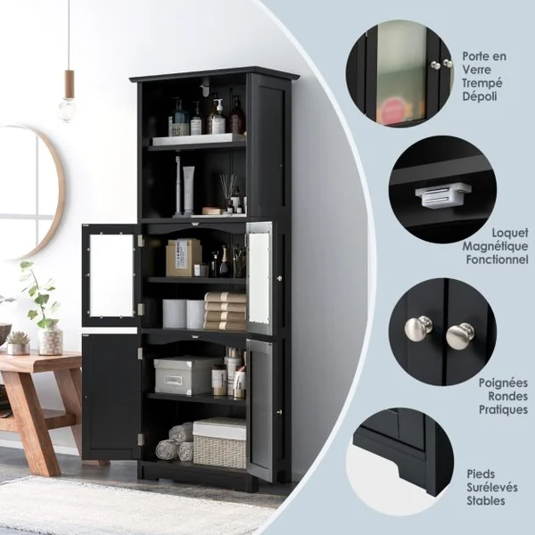 Meuble de Salle de Bain à 4 Portes 2 Compartiments Ouverts Colonne Salle de Bain Armoire Haute avec Étagères Réglables 60x30x163cm Blanc/Gris/Noir