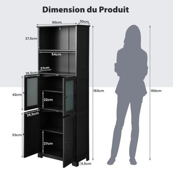 Meuble de Salle de Bain à 4 Portes 2 Compartiments Ouverts Colonne Salle de Bain Armoire Haute avec Étagères Réglables 60x30x163cm Blanc/Gris/Noir