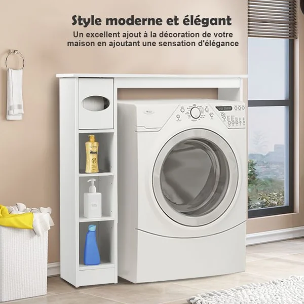 Meuble de Toilette WC Armoire de Rangement avec Etagère Ajustables et Porte-papier Blanc