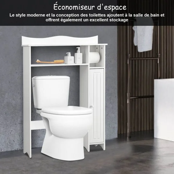 Meuble de Toilette WC Armoire de Rangement avec Etagère Ajustables et Porte-papier Blanc