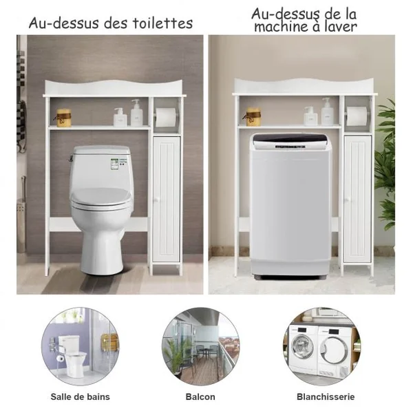 Meuble de Toilette WC Armoire de Rangement avec Etagère Ajustables et Porte-papier Blanc