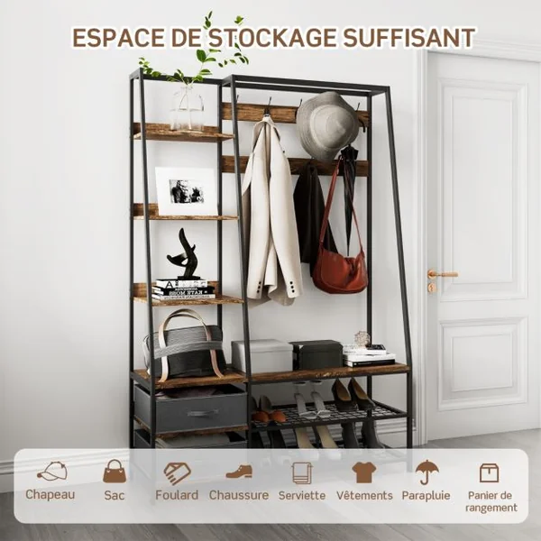 Meuble d’Entrée Grand Porte Manteau 9 Crochets Doubles 2 Tiroirs 6 Étagères 1 Banc à chaussures de Style Industriel Brun