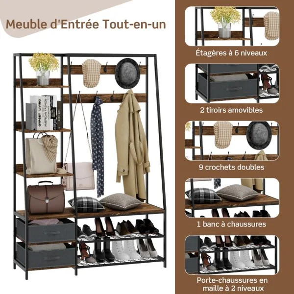 Meuble d’Entrée Grand Porte Manteau 9 Crochets Doubles 2 Tiroirs 6 Étagères 1 Banc à chaussures de Style Industriel Brun
