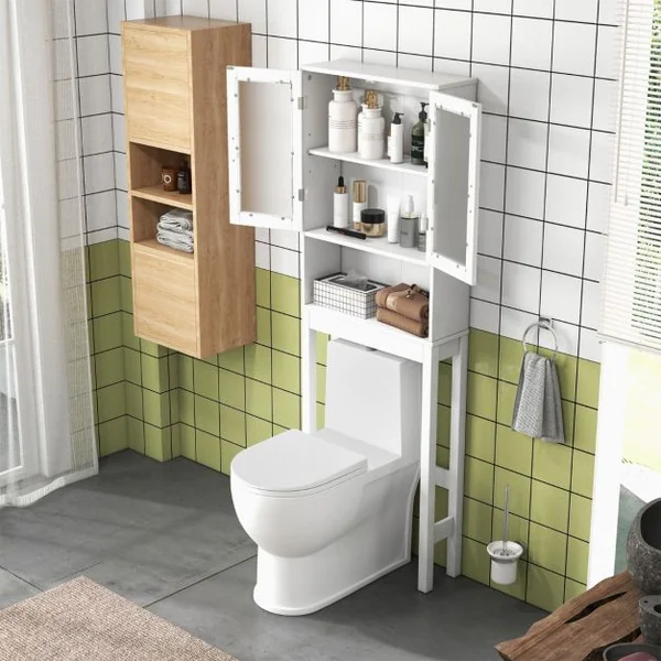 Meuble Dessus Toilettes WC 2 Portes Armoire de Toilette Étagère de Salle de Bain