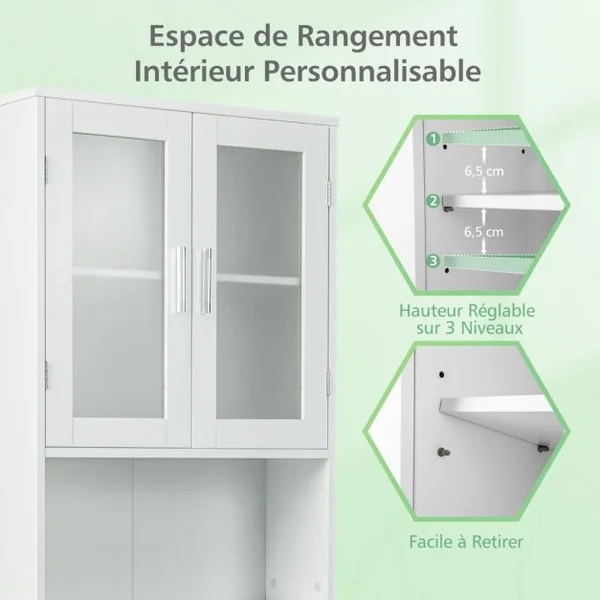 Meuble Dessus Toilettes WC 2 Portes Armoire de Toilette Étagère de Salle de Bain