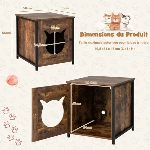 Meuble Litiere Chat Cadre en métal antirouille Industriel Maison de Toilette Chat Bonne respirabilité 50x53x55 cm