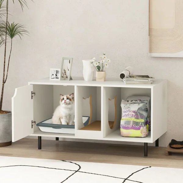 Meuble pour Bac à Litière pour Chat 100cm Griffoir Amovible Pieds en Métal Meuble d'Appoint pour Chat d'Intérieur à 2 Compartiments Charge Supportée 120 kg Blanc