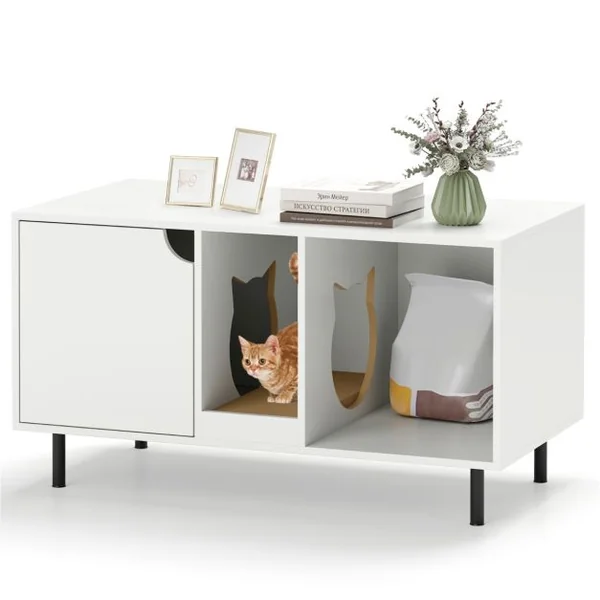 Meuble pour Bac à Litière pour Chat 100cm Griffoir Amovible Pieds en Métal Meuble d'Appoint pour Chat d'Intérieur à 2 Compartiments Charge Supportée 120 kg Blanc