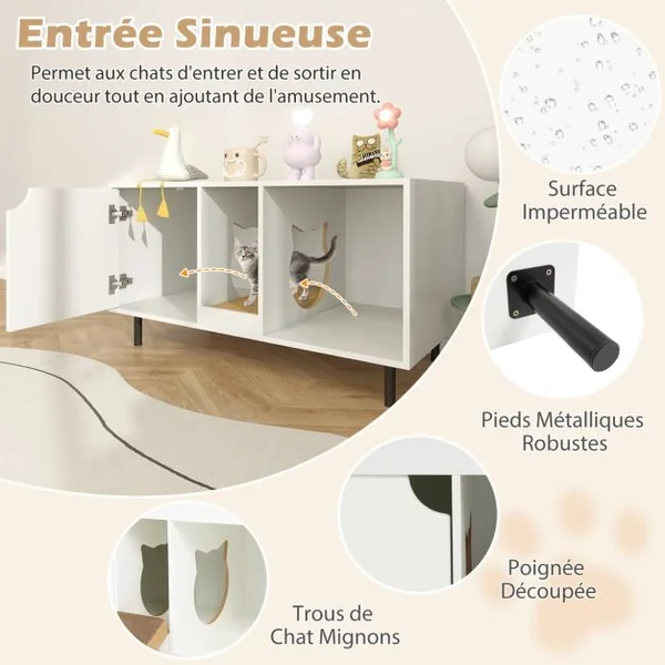 Meuble pour Bac à Litière pour Chat 100cm Griffoir Amovible Pieds en Métal Meuble d'Appoint pour Chat d'Intérieur à 2 Compartiments Charge Supportée 120 kg Blanc