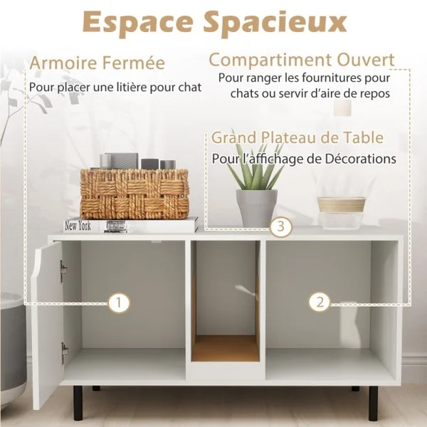 Meuble pour Bac à Litière pour Chat 100cm Griffoir Amovible Pieds en Métal Meuble d'Appoint pour Chat d'Intérieur à 2 Compartiments Charge Supportée 120 kg Blanc