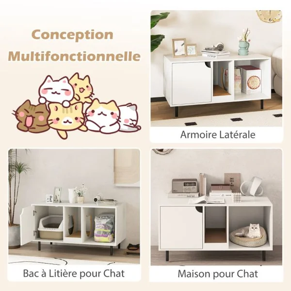 Meuble pour Bac à Litière pour Chat 100cm Griffoir Amovible Pieds en Métal Meuble d'Appoint pour Chat d'Intérieur à 2 Compartiments Charge Supportée 120 kg Blanc