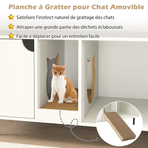 Meuble pour Bac à Litière pour Chat 100cm Griffoir Amovible Pieds en Métal Meuble d'Appoint pour Chat d'Intérieur à 2 Compartiments Charge Supportée 120 kg Blanc