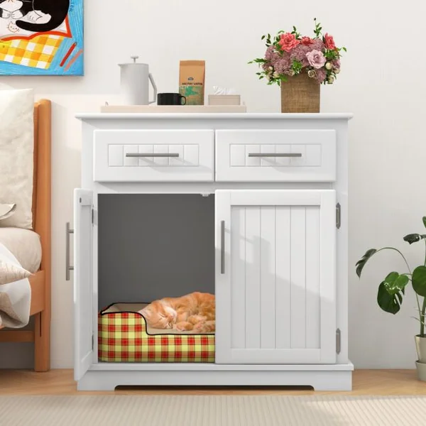 Meuble pour Bac à Litière pour Chat Armoire Latérale pour Chat 2 Tiroirs Portes Doubles Dispositifs Anti-basculement Blanc